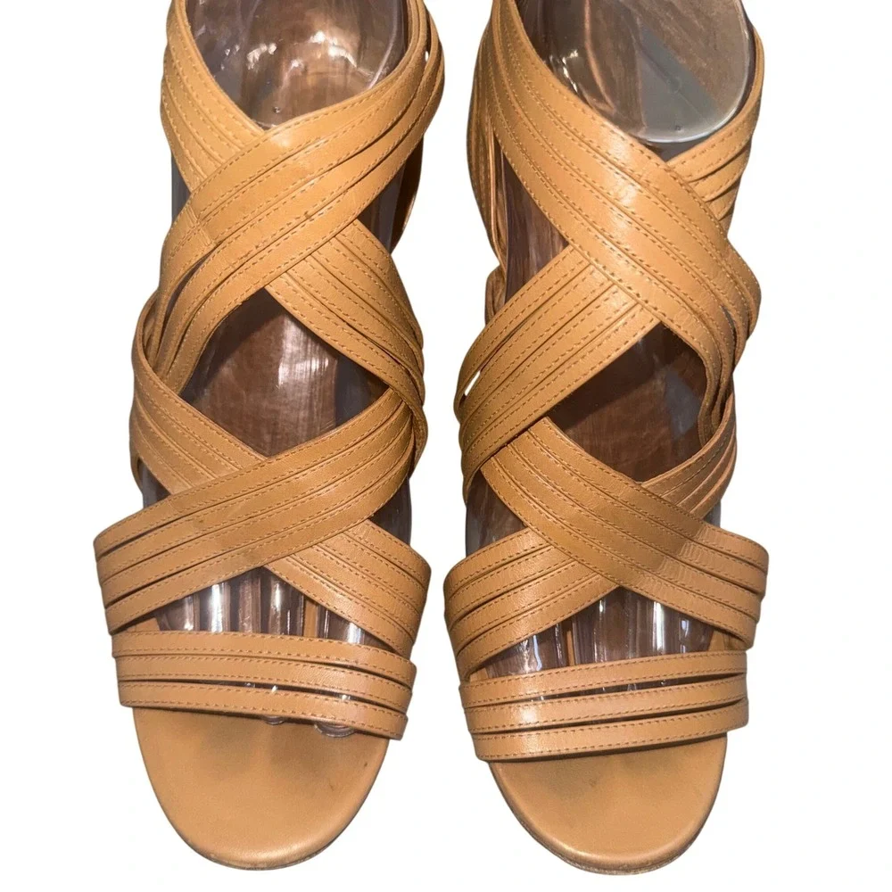 Tory Burch Tan Leather Strappy Caged Stiletto Heels Sandals Gold Logo Zip 8.5M